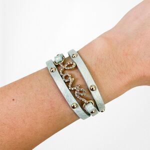 Blue Love Lettering Rhinestone Gold Hardware Wrap Faux Leather Bracelet